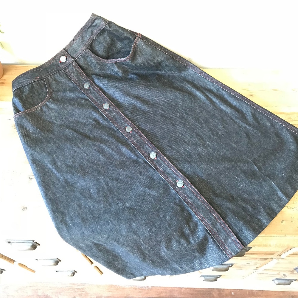 HALSTON III Dark Wash Denim Midi Skirt